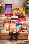 Baking and sweet treats gift crate with chocolate, cake mix, Nutella, biscuits and dessert ingredients