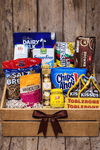 Chocolate and snack lovers gift crate with assorted chocolates, biscuits, pretzels and sweet treats