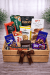 Chocolate, coffee and tea gourmet gift crate with cocoa drink, assorted chocolates, cookies and tea