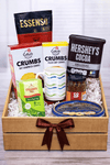 Coffee tea and cocoa gift crate with cookies, biscuits, green tea, chocolate cocoa and mug