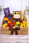 Fresh fruit and chocolate hamper in a wooden gift crate with assorted fruits, Cadbury, Toblerone and Ferrero chocolates