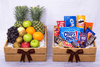 Fresh fruit and chocolate snack gift crates with assorted fruits, chocolates, cookies and chips