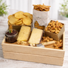 Gourmet cheese and snack hamper with cheese, potato chips, pretzels and seasoned nuts presented in a wooden gift crate