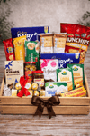 Gourmet cheese and chocolate gift crate with assorted chocolates, cheese, crackers and savory snacks
