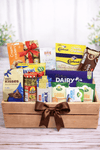 Gourmet gift crate with assorted chocolates, cheese, olives, crackers and sweet and savory treats