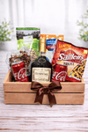 Hennessy gift crate with Coca-Cola, popcorn, pretzels, pistachios and assorted snacks in a wooden crate