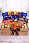 Large assorted chocolate gift crate filled with Reese's, Cadbury, KitKat, Hershey's, Lindt, Ferrero and other chocolate treats