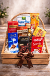 Luxe coffee tea break treats hamper with Lavazza coffee, Lindt chocolates, Twinings tea, Van Houten cocoa, biscuits and mixed nuts in a wooden gift crate