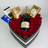 Luxury heart-shaped box with red roses, Moët champagne, Lindt chocolates and Ferrero Rocher