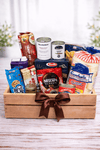 Premium grocery gift crate with Nescafé coffee, Barilla pasta, Gardenia bread, corned beef, canned goods and snacks