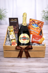 Prosecco chocolate hamper in a wooden gift crate with Lindt chocolate, Ferrero, Biscoff cookies and nuts