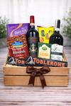 Red wine and cheese gift crate with Montepulciano d’Abruzzo, Cabernet Sauvignon, chocolates, cheese and crackers