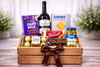 Wine and chocolate gift crate with Don Lucio wine, Ferrero Rocher, Toblerone, Biscoff biscuits, crackers and green olives